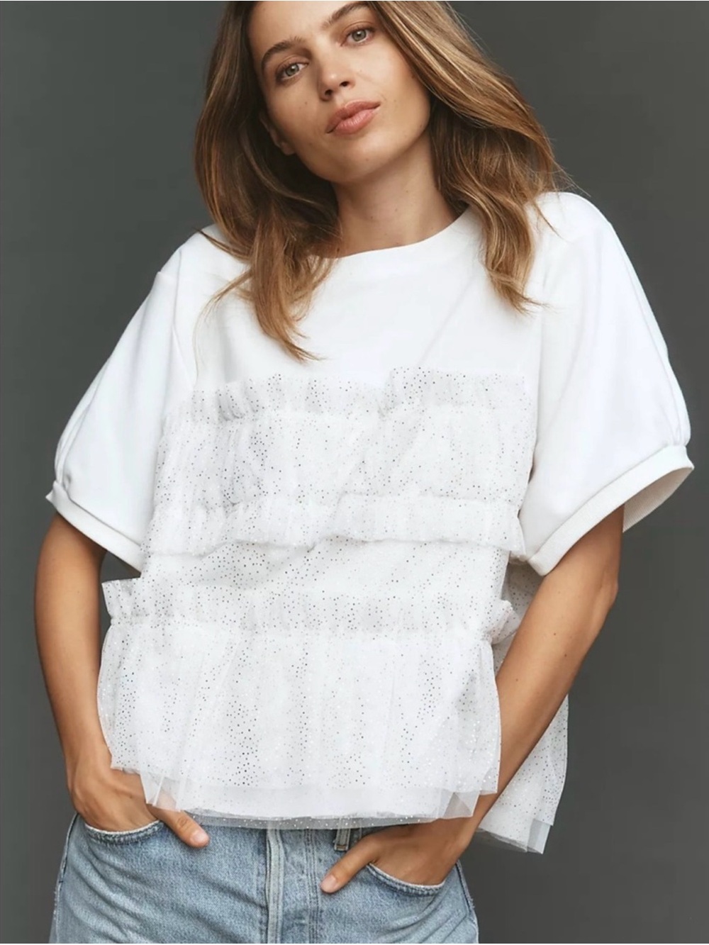 Maeve White Layered Tulle Ruffle Short Sleeve Top